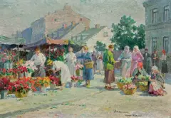 Józef Pankiewicz, TARG NA RYNKU KLEPARSKIM W KRAKOWIE, ok. 1930, olej, tektura
