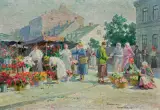 Józef Pankiewicz, TARG NA RYNKU KLEPARSKIM W KRAKOWIE, ok. 1930, olej, tektura