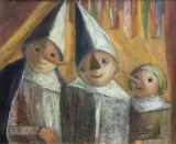 Tadeusz Makowski, TROJE DZIECI POD CHORĄGIEWKAMI, 1929-1930, olej, tempera, gwasz, tektura