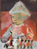TOM BAWIĄCY SIĘ ŻOŁNIERZYKAMI. by Rajmund Kanelba, olej, płótno naklejone na tekturę, sold Dec 2017