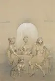 Jan Lebensztejn, KRĄG PRZYJACIÓŁEK (CERCLE DES AMIES), 1979, gwasz, tusz, pastel, ołówek, papier beżowy