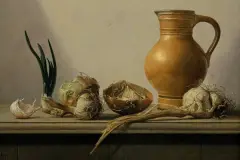 Maciej Cichocki, DZBANEK, CZOSNEK I CEBULE, 2016, olej, płyta