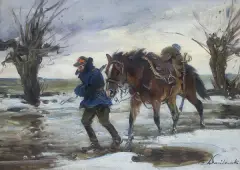 Ułan z koniem. Trudna droga by Czesław (I. Zygmuntowicz) Wasilewski, olej, płótno, sold Oct 2017