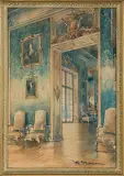 Wnętrze pałacu w Wilanowie by Władysław Chmieliński, przed 1939, akwarela, ołówek, papier, sold Oct 2017