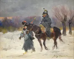 Żołnierze napoleońscy w drodze spod Moskwy by Jerzy Kossak, olej, sklejka, sold Oct 2017