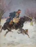Kirasjer uciekający przed wilkami by Jerzy Kossak, 1928, olej, sklejka, sold Oct 2017