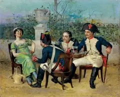 Edward Loevy, FLIRT PRZY WINIE, ŻOŁNIERZE I DZIEWCZYNA, 1883, olej, deska