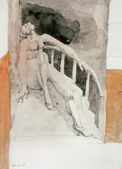 Jan Lebensztejn, KOBIETA SIEDZĄCA NA SCHODACH, 1965, akwarela, długopis, papier