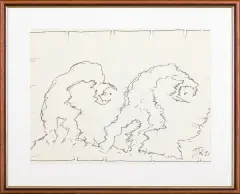Kompozycja z dwiema postaciami by Jerzy Tchorzewski, 1991, cienkopis czarny, papier kremowy, sold Aug 2017