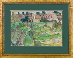 Jan Wodyński, PEJZAŻ WIEJSKI, ołówek, akwarela, papier