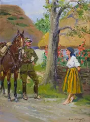 Jerzy Kossak, FLIRT. UŁAN I DZIEWCZYNA, 1933, olej, sklejka