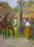 FLIRT. UŁAN I DZIEWCZYNA by Jerzy Kossak, 1933, olej, sklejka, sold Jun 2017