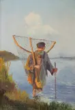Wiktor Korecki, RYBAK Z SIECIĄ, olej, płótno naklejone na tekturę
