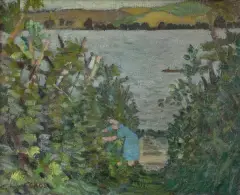 Krystyna Łada-Studnicka, PEJZAŻ Z JEZIOREM, olej, płótno