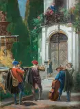 Carl Schultheiss, MUZYKANCI PRZED PAŁACEM, olej, tektura