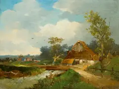 Carl Schultze, CHATA NAD STRUMIENIEM, 1884, olej, deska