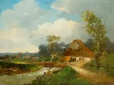 Carl Schultze, CHATA NAD STRUMIENIEM, 1884, olej, deska