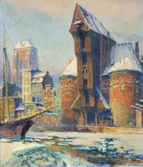Theodor Urtnowski, GDAŃSK STARY ŻURAW W ZIMOWYM SŁOŃCU, olej, płótno