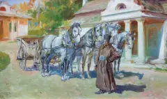 CZWÓRKA PRZED DWOREM by Stanisław Kaczor-Batowski, 1913, olej, płótno, offered Jun 2017