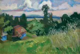 Stanisław Kamocki, PEJZAŻ. BŁĘKITNE CHATY, olej, tektura