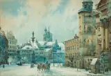 WARSZAWA. PLAC ZAMKOWY W ZIMIE by Władysław Chmieliński, przed 1939, akwarela, gwasz, ołówek, tusz, papier, sold Jun 2017