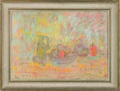 Wacław Taranczewski, MARTWA NATURA Z CZERWONĄ ŚWIECĄ, pastel, tektura