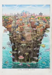 Jacek Yerka, KRÓTKA HISTORIA ŚWIATA, 2017, kredki barwne, ołówek, karton