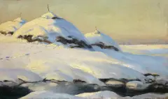 Zygmunt Józefczyk, STOGI W ŚNIEGU, 1931, olej, sklejka