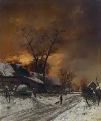 Carl Schultze, ZIMOWY ZMIERZCH, olej, płótno