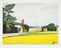 Jerzy Szelągowski, Pola i domy, 1960, gwasz, tusz, papier