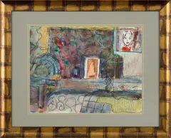 Jan Wodyński, Kompozycja z portretem, akwarela, pastel, collage, papier