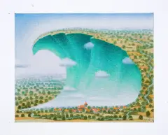 Sielskie tsunami by Jacek Yerka, 2016, kredki, ołówek, karton, sold Mar 2017