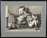 Adam Hoffmann, STARY SATYR Z DZIEWCZYNAMI, 1969, kredka czarna, akwarela, papier kremowy
