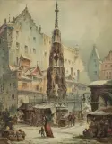 Friedrich Perlberg, TARG ŚWIĄTECZNY NA RYNKU W NORYMBERDZE, 1877, akwarela, papier