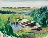 ŁÓDŹ NA BRZEGU STAWU by Julian Fałat, 1919, akwarela, karton, sold Dec 2016
