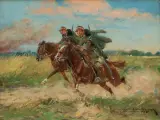 Leonard Wintorowski, UŁANI W GALOPIE, 1925, olej, sklejka
