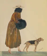 Wacław Borowski, DAMA Z PIESKIEM, 1916, akwarela, karton