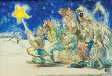 Eliasz Kanarek, KOLĘDNICY Z GWIAZDĄ I TURONIEM, 1954, akwarela, karton