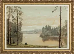 Konstanty Mackiewicz, SOSNY NAD JEZIOREM, akwarela, gwasz, papier