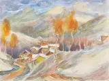 Sergiusz Grudkowski, CHATY NA ZBOCZU POPRADU, 1975, akwarela, papier