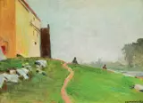 Jacek Malczewski, PEJZAŻ ZNAD WISŁY Z MUREM KLASZTORU NORBERTANEK, olej, płótno naklejone na tekturę