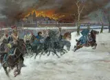 Jerzy Kossak, WYJŚCIE WOJSK NAPOLEOŃSKICH Z MOSKWY, 1924, olej, płótno