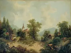Albert Lang, PEJZAŻ GÓRSKI Z KOŚCIOŁEM, olej, płótno