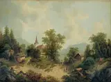 Albert Lang, PEJZAŻ GÓRSKI Z KOŚCIOŁEM, olej, płótno