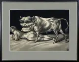 Adam Hoffmann, SCENA Z BYKIEM, 1972, pastel, kredka, papier