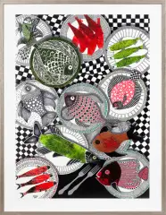Anna Stanisz, Ryby na talerzach, technika własna, collage, karton