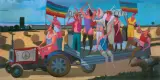 DOŻYNKOWA PARADA W POSTĘPOWYM PEGEERZE by Jacek Pałucha, 2011, akryl, płótno, offered Jun 2016