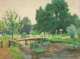 John Mallard Bromley, PEJZAŻ Z MOSTEM, akwarela, karton