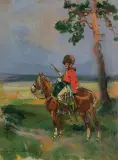 HUZAR NA PATROLU by Jerzy Kossak, 1929, olej, tektura, sold Jun 2016