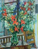 WNĘTRZE Z BUKIETEM KWIATÓW by Zygmunt Menkes, olej, płótno, sold Jun 2016